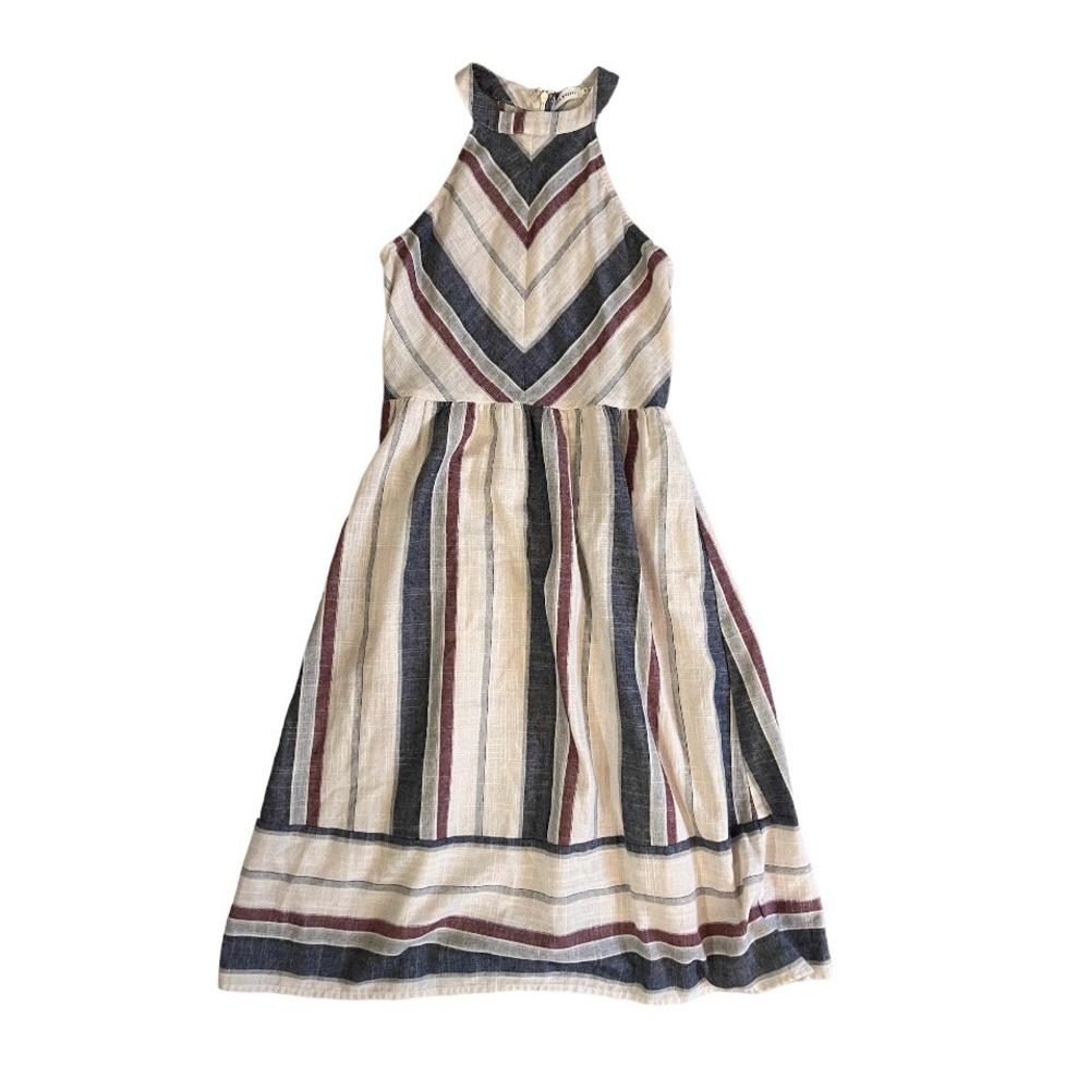 Blue Pepper Striped High Neck Cotton Midi Dress Small